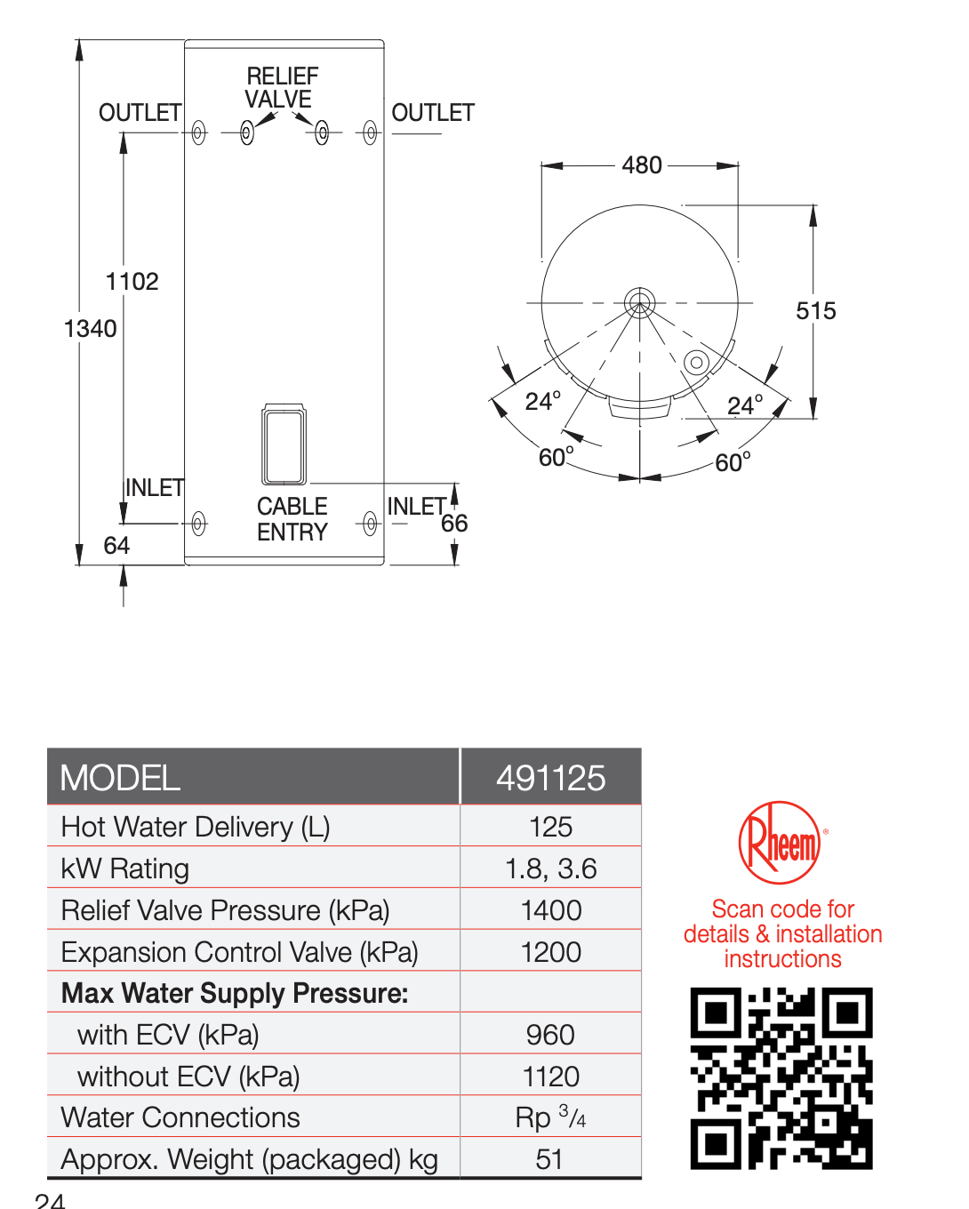 Rheem 491125G7 125L 3.6kW Electric Hot Water Heater Including Metro Perth Installation - Pacer Plumbing & Gas