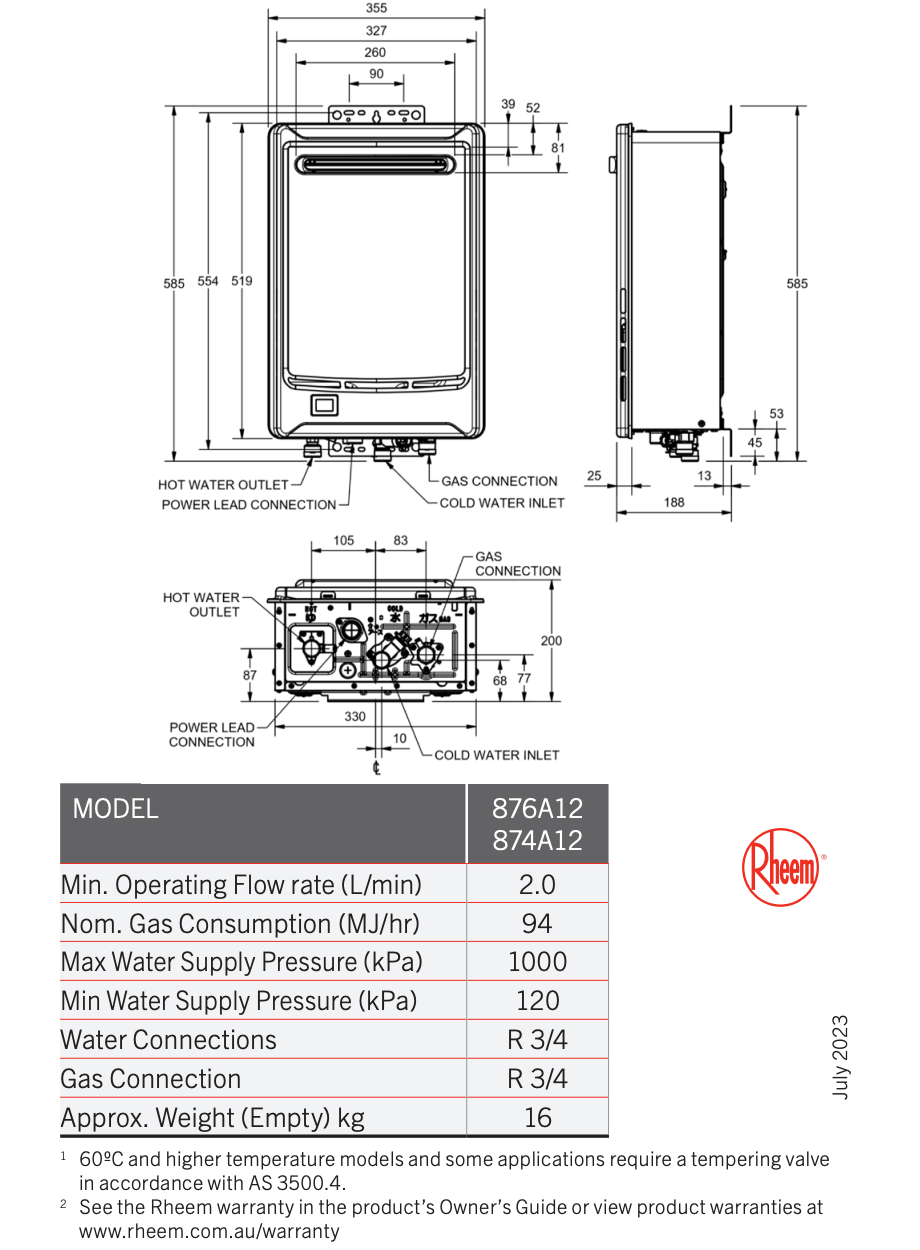 Rheem Integrity 876A12NF 12L 6 Star Continuous Flow Gas Water Heater (50°C Preset) Including Metro Perth Installation - Pacer Plumbing & Gas