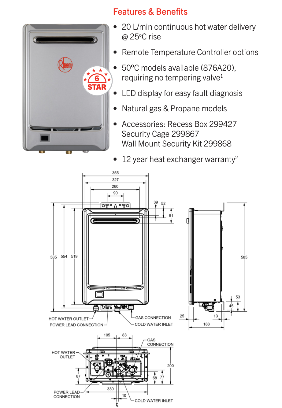 Rheem Integrity 876A20NF 20L 6 Star Continuous Flow Gas Water Heater (50°C Preset) Including Metro Perth Installation - Pacer Plumbing & Gas