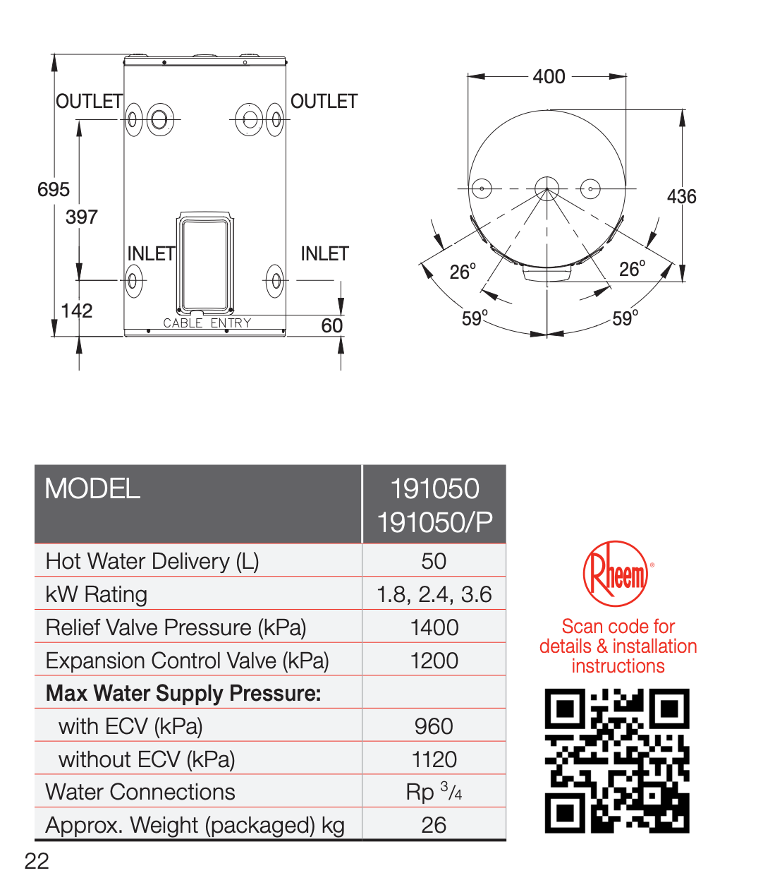 Rheem 191050G7 50L 3.6kW Electric Hot Water Heater Including Metro Perth Installation - Pacer Plumbing & Gas